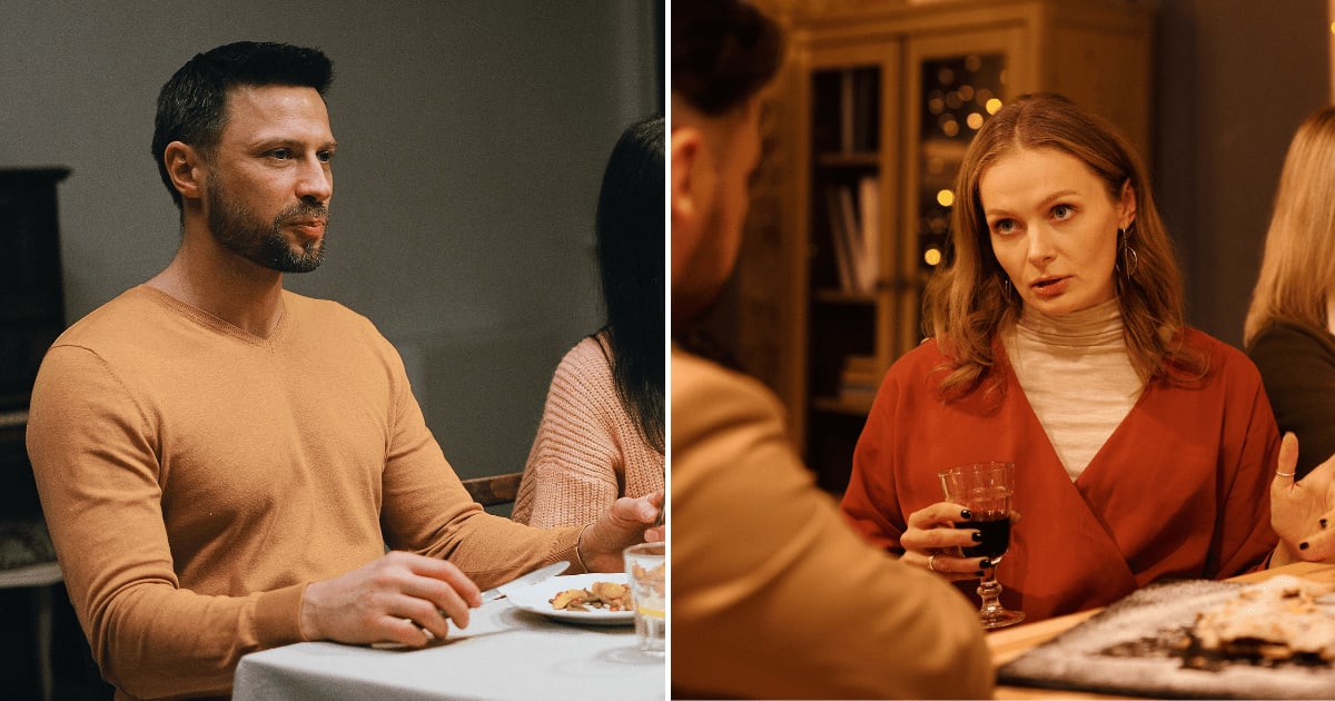 (L) A man at a dinner table talking to people. (R) A woman seemingly upset talking to a man at a party. (Representative Cover Image Source: Pexels | (L) Anna Shvets, (R) Nicole Michalou)