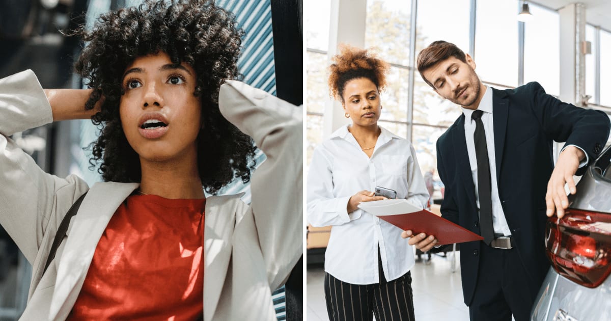 (L) Woman looking shocked. (R) Woman with insurance agent in shop. (Representative Cover Image Source: Pexels | (L) Roberto Hund, (R) Antoni Shkraba)