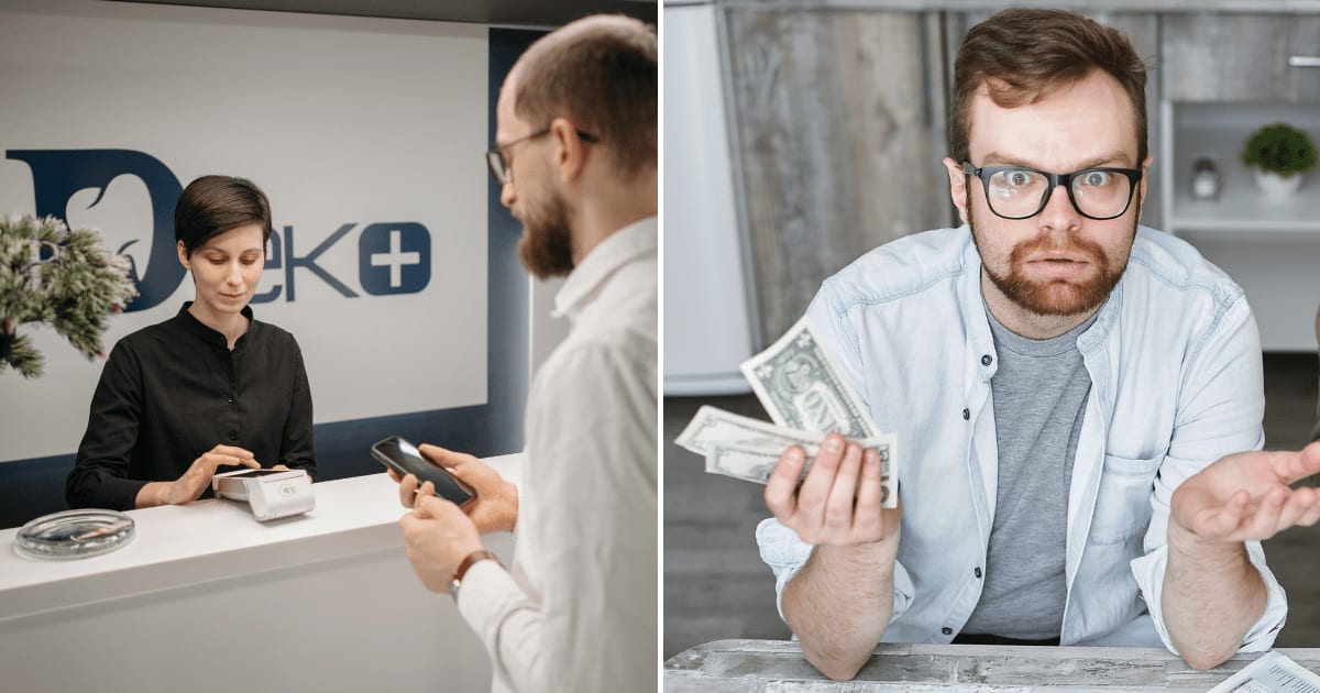 (L) A receptionist at the dental clinic. (R) A man, shocked, holding cash in his hand. (Representative Cover Image Source: Pexels | (L) Pavel Danilyuk, (R) Mikhail Nilov)