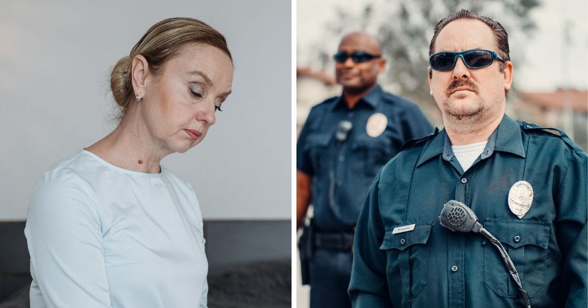 (L) Sad woman (R) Two police officers standing (Representative Cover Source: Pexels (L) Pavel Danilyuk | (R) Pexels, Kindel Media)