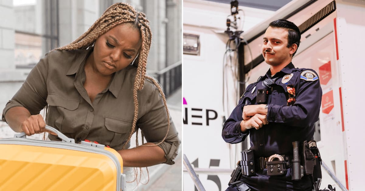 (L) A woman looking worried while checking her suitcase. (R) A policeman. (Representative Cover Image Source: (L) Magnific | Magnific, (R) Pexels | Sheff Production)