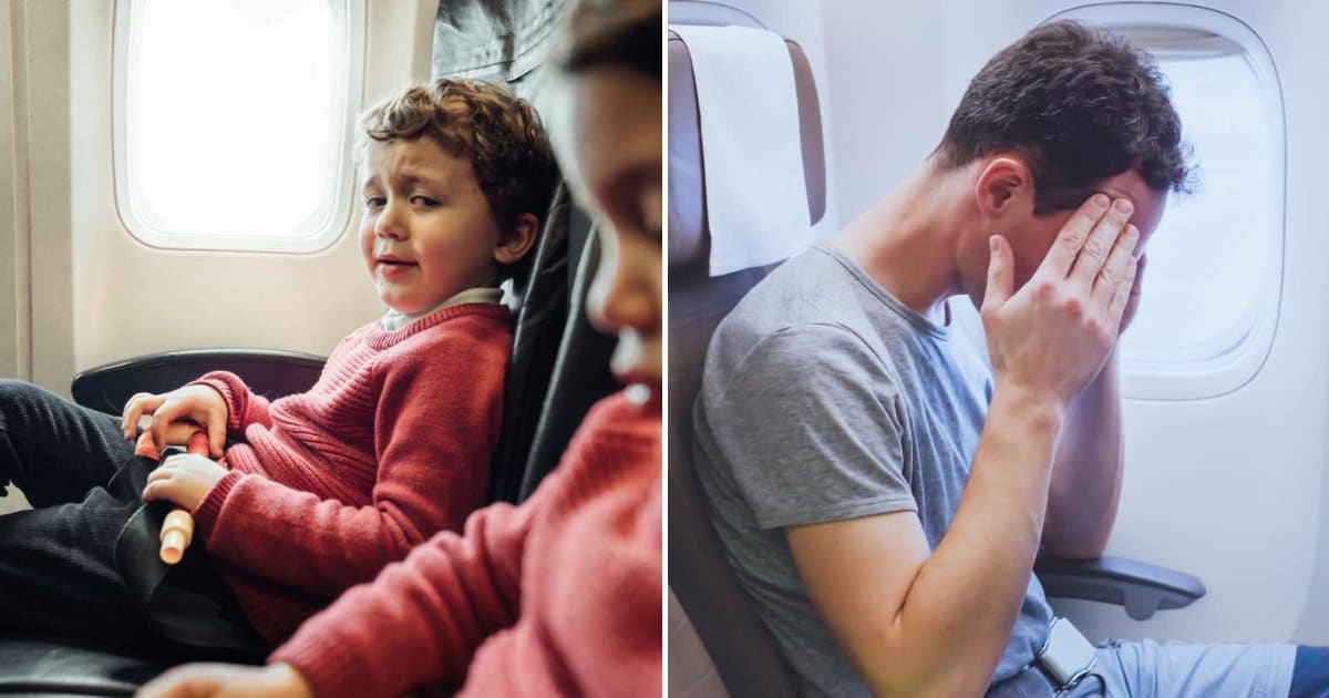 (L) A little kid on the flight crying. (R) A man having a headache sitting in the flight (Representative Cover Image Source: Getty Images | (L) Orbon Alija, (R) Anya Berkut)