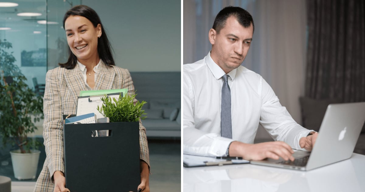 (L) Woman leaving office. (R) Annoyed man using laptop. (Representative Cover Image Source: Pexels | (L) Vitaly Gariev, (R) AlphaTradeZone)
