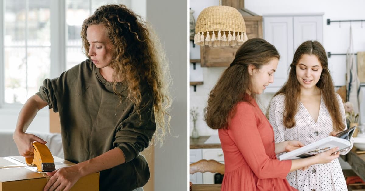 L - Woman seals a moving box. R - Two women looking at a book together. (Representative Cover Image Source: Pexels | L - Ketut Subiyanto, R - Ivan S) 