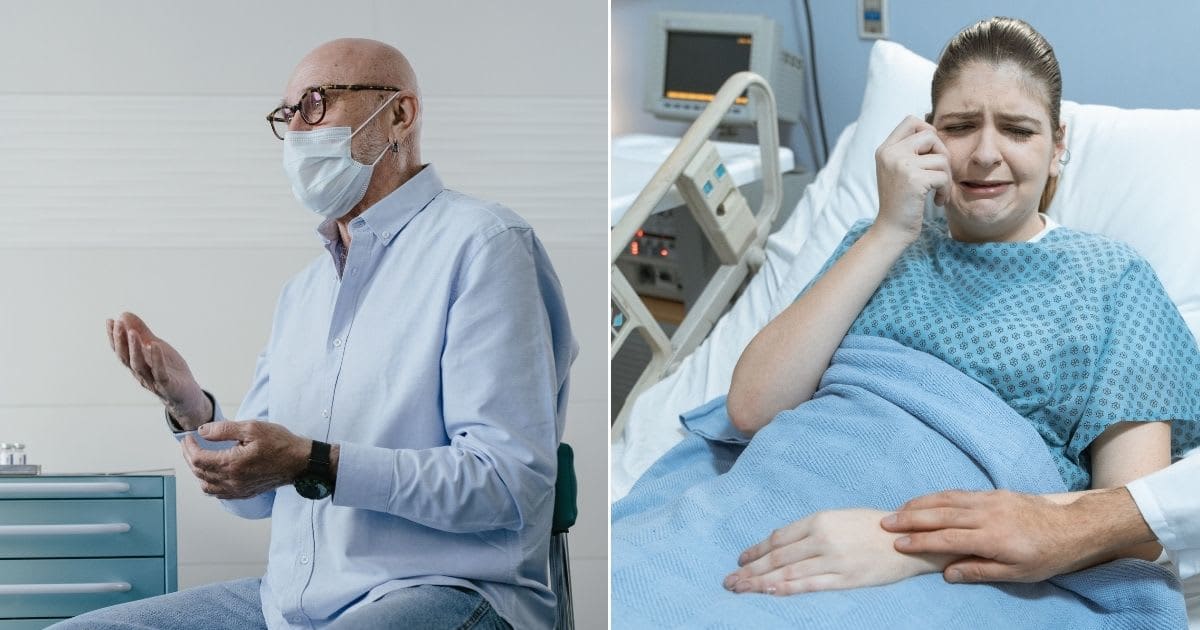 L - Doctor during a consultation. R - A woman in a hospital, crying profusely. (Representative Cover Image Source: Pexels | L - SHVETS production, R - RDNE Stock project)