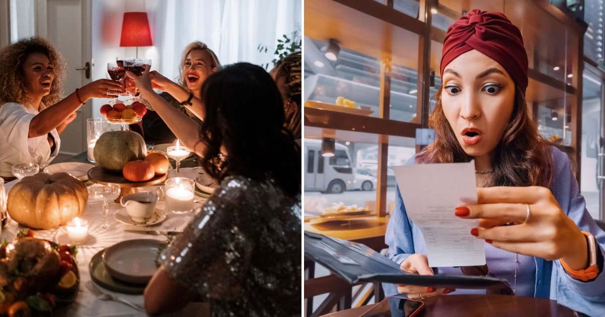 (L) A group of women enjoying dinner. (R) A woman shocked, looking at the bill. (Representative Cover Image Source: (L) Pexels | Mikhail Nilov, (R) Getty Images | Photo by frantic00)