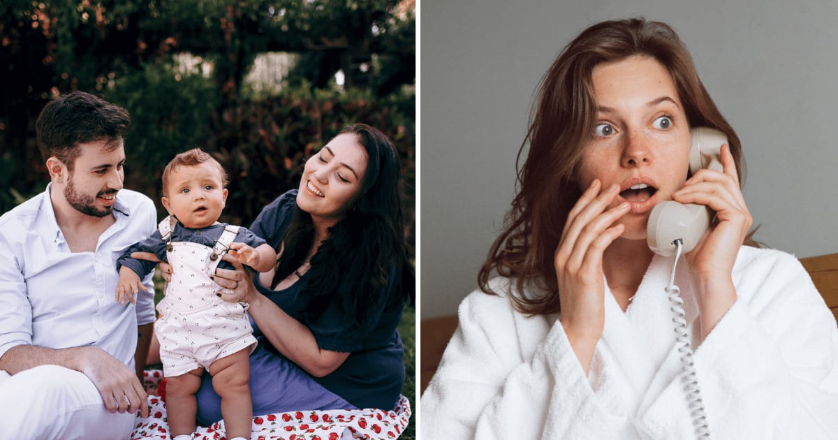 (L) Couple with toddler. (R) Shocked woman on call. (Representative Cover Image Source: Pexels | (L) Helena Lopes, (R) ROMAN ODINTSOV)