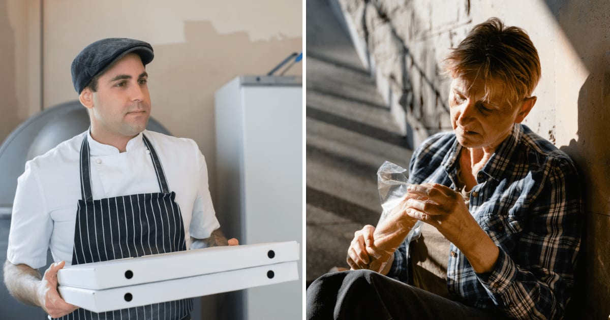 (L) Man holding pizzas. (R) Female beggar outside. (Representative Cover Image Source: Pexels | (L) Kampus Production, (R) MART PRODUCTION)