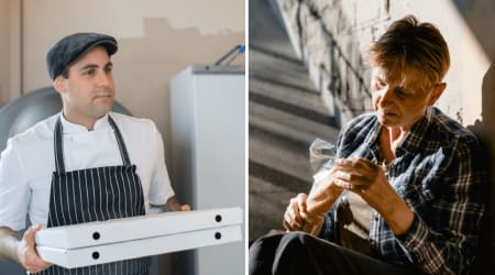 Pizzeria owner gave a fresh slice to a woman eating from his trash — what he put in his window afterward turned one kind act into a promise