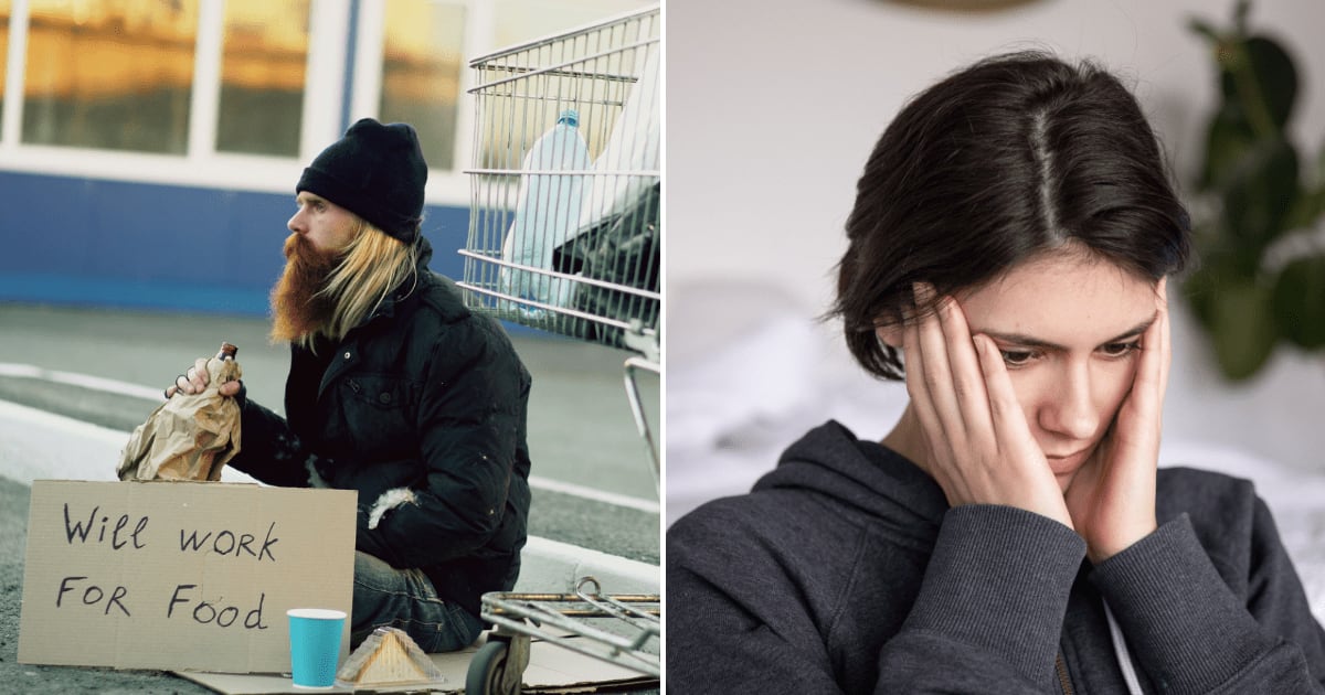 (L) A homeless man on the street with a sign saying "Will work for food". (R) A woman in distress alone at home. (Representative Cover Image Source: Pexels | (L) Vitaly Gariev, (R) KATRIN BOLOVTSOVA)