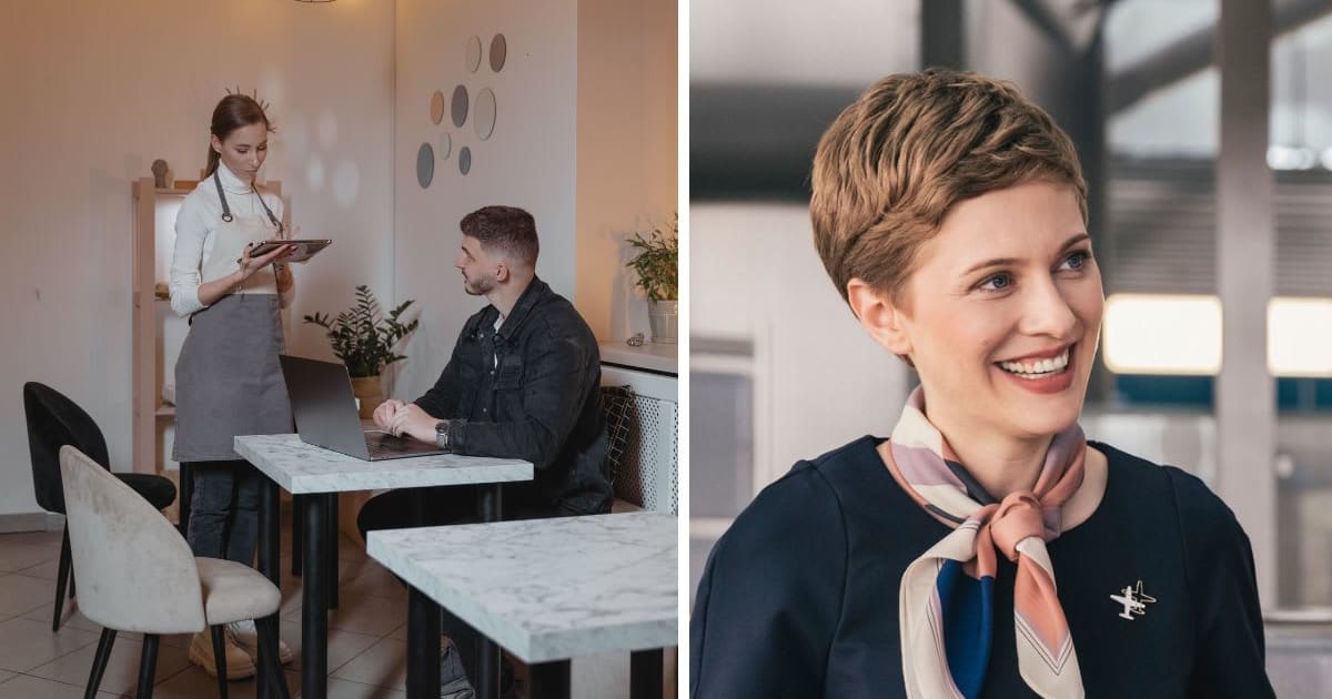  L - A waitress and customer engage in conversation. R - Flight attendant smiling. (Representative Cover Image Source: L - Pexels | Tima Miroshnichenko, R - Getty Images | westend61)
