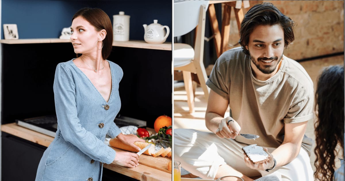 (L) A woman slicing a loaf of bread (R) A couple enjoying a casual breakfast (Representative Cover Image Source: Pexels | (L) Thirdman, (R) August de Richelieu)