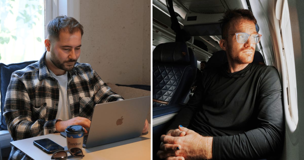 (L) Man using laptop. (R) Man sitting in window seat in flight. (Representative Cover Image Source: Pexels | (L) Davut ERDEM, (R) K)