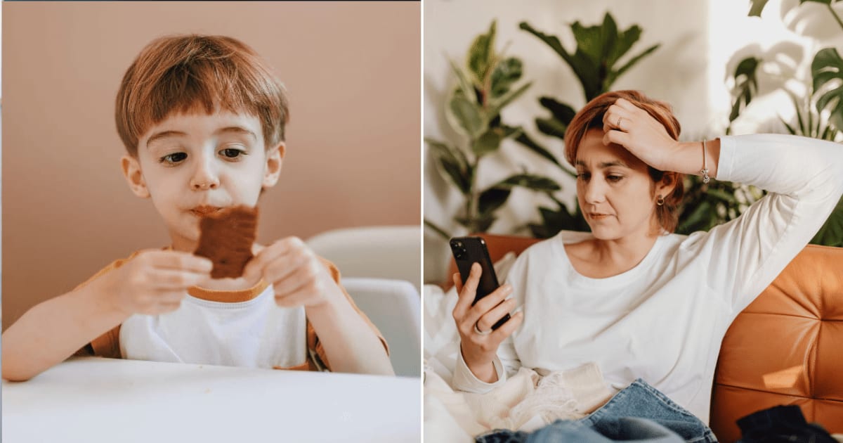 (L) A little boy eating cake. (R) A woman checking her phone. (Representative Cover Image Source: Pexels | (L) Helena Lopes, (R) https://kaboompics.com/)