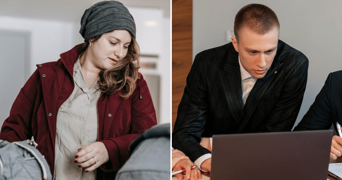 (L) A woman traveling with her bags. (R) An officer in a suit carefully checking something on a laptop. (Representative Cover Image Source: Pexels | (L) Sarah Chai, (R) Alena Darmel)