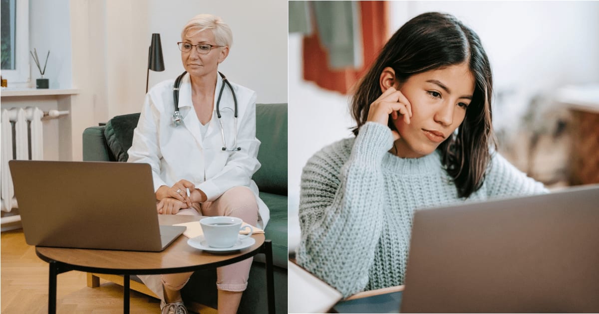 (L) A doctor attending to a patient virtually. (R) A woman looks disappointed while on a video call. (Representative Cover Image Source: Pexels| L - Tima Miroshnichenko, R - Liza Summer)