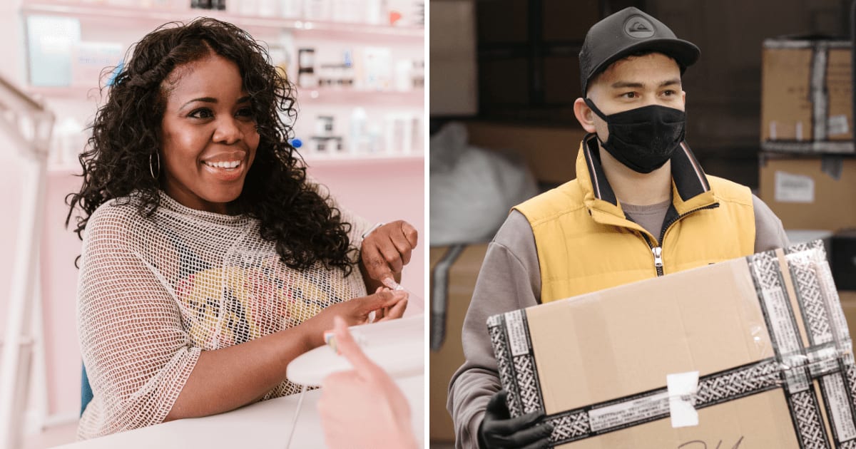 (L) Woman at nail salon. (R) Man carrying a box. (Representative Cover Image Source: Pexels | (L) RDNE Stock project, (R) Pavel Danilyuk)
