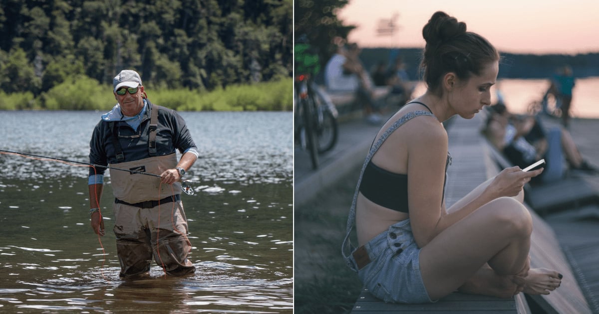 (L) An elderly man fishing. (R) An emotional woman sitting on the shore, looking at her phone. (Representative Cover Image Source: Pexels| L - Martin.que, R - freestocks)