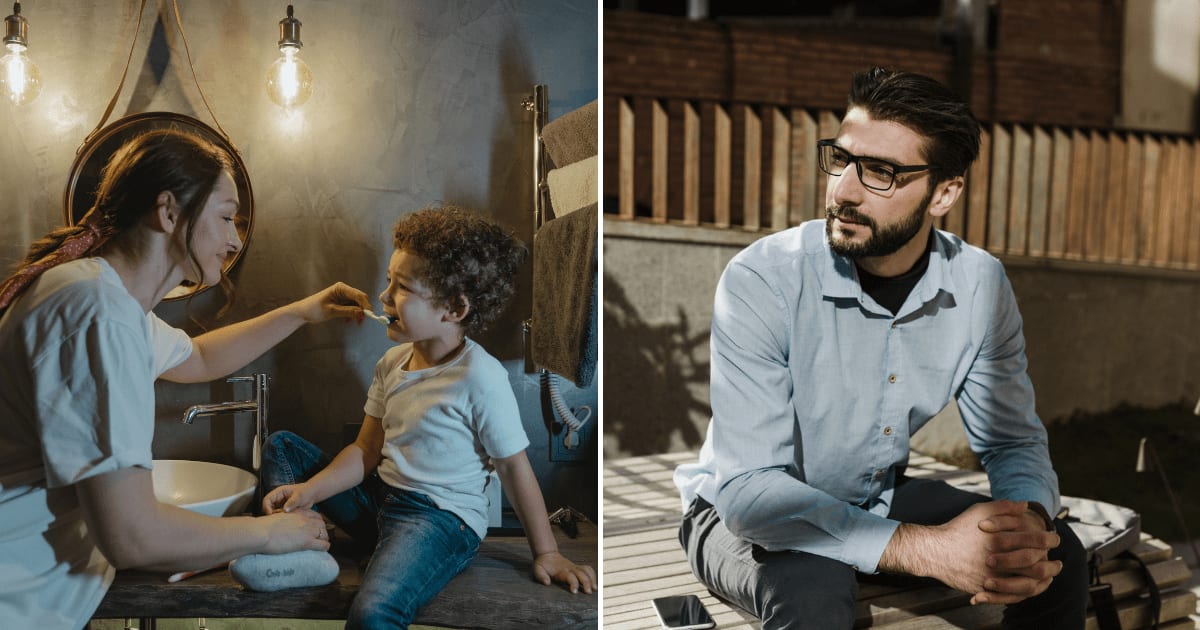 (L) A mother helping her son brush his teeth in the washroom. (R) A man waiting for someone, sitting on a bench. (Representative Cover Image Source: Pexels | (L) Tima Miroshnichenko, (R) Arina Krasnikova)