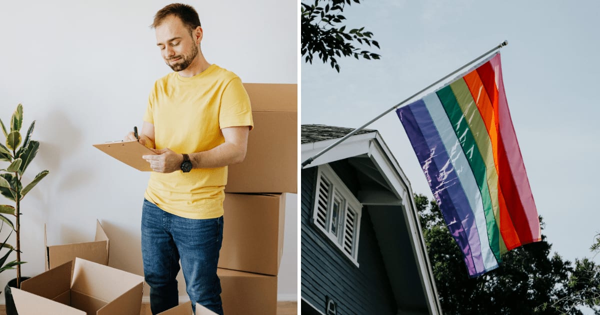 (L) Man moving in new house. (R) Pride flag on house. (Representative Cover Image Source: Pexels | (L) Kaboompics, (R) Poppy Martinez)
