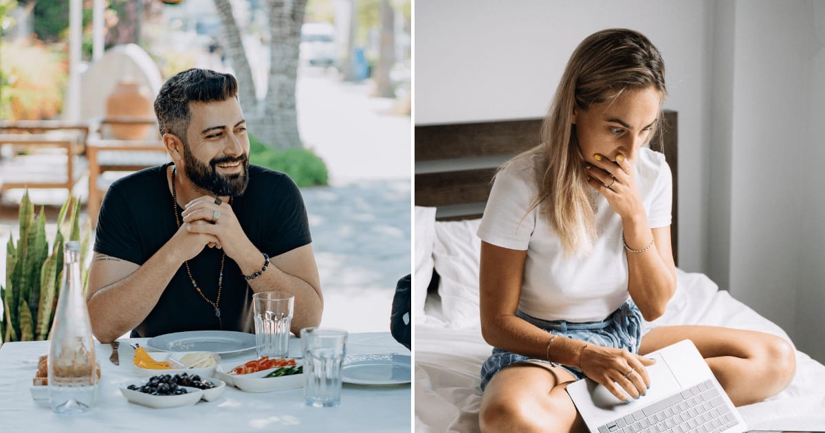 (L) A man smiling on a date. (R) A woman acting shocked while browsing on a laptop. (Representative Cover Image Source: Pexels | (L) Mikhail Nilov, (R) Anna Tarazevich)