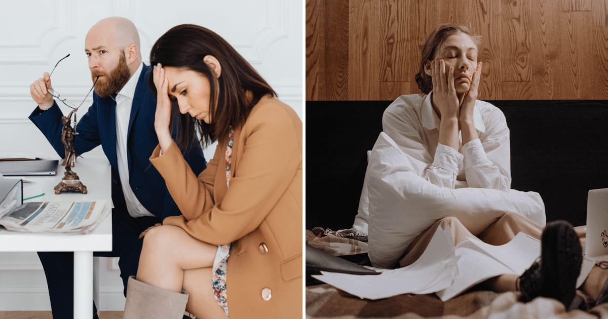 (L) Stressed couple sitting with a divorce lawyer. (R) A woman sitting in a dark room distressed  with papers lying on the floor. (Representative Cover Image Source: Pexels | (L) Kaboompics, (R) Ron Lach)