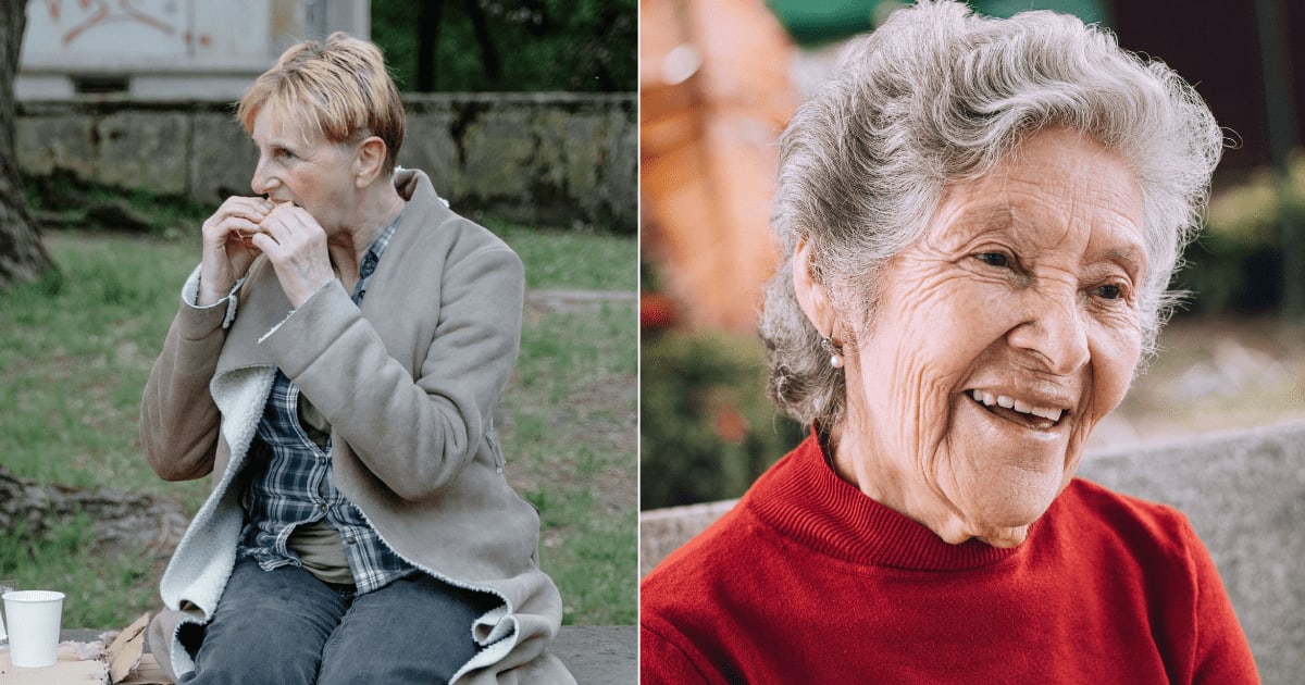 (L) A homeless woman eating hastily. (R) An elderly woman gets emotional and smiles. (Representative Cover Image Source: Pexels| L - Mart Production, R - Yeye)