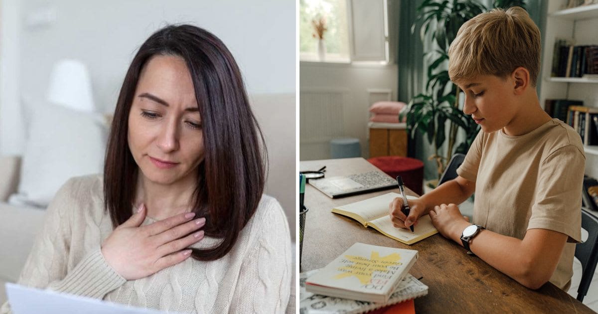 L - A woman is emotional reading a letter. R - Boy writing in a notebook at a wooden desk. (Representative Cover Image Source: L - Getty Images | Stefanamer, R - Pexels | Antoni Shkraba)