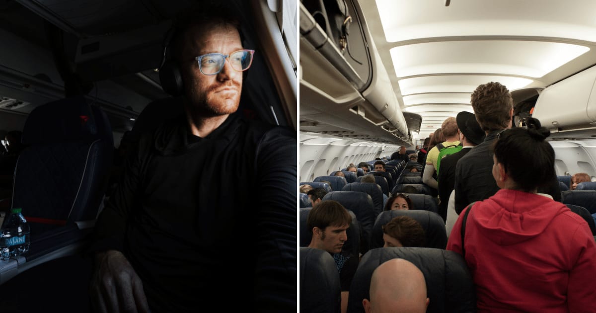 (L) A man sitting on a window seat of a plane. (R) Passengers waiting to deboard the plane. (Representative Cover Image Source: (L) Pexels | K, (R) Unsplash | Chris Brignola)