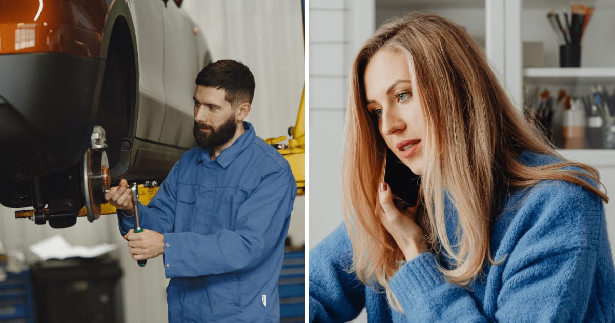 (L) Mechanic fixing tire. (R) Woman on call. (Representative Cover Image Source: Pexels | (L) Gustavo Fring, (R) Kaboompics)