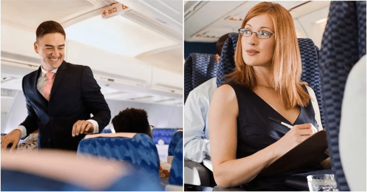 (L) A flight attendant speaking with passengers. (R) A woman smiles while seated in a plane. (Representative Cover Image Source: Getty Images| L - Anchiy, R - Image Source)