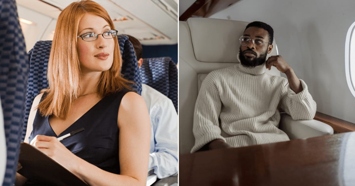 (L) Woman sitting in an aisle seat. (R) Man sitting in plane. (Representative Cover Image Source: (L) Getty Images | Image Source (R) Pexels | cottonbro studio)