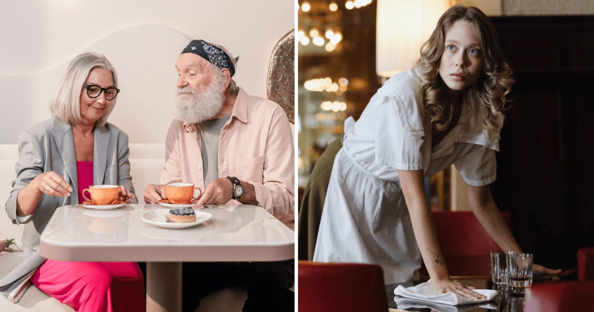 (L) Elderly couple at a cafe. (R) Waitress cleaning table. (Representative Cover Image Source: Pexels | (L) ANTONI SHKRABA production, (R) cottonbro studio)