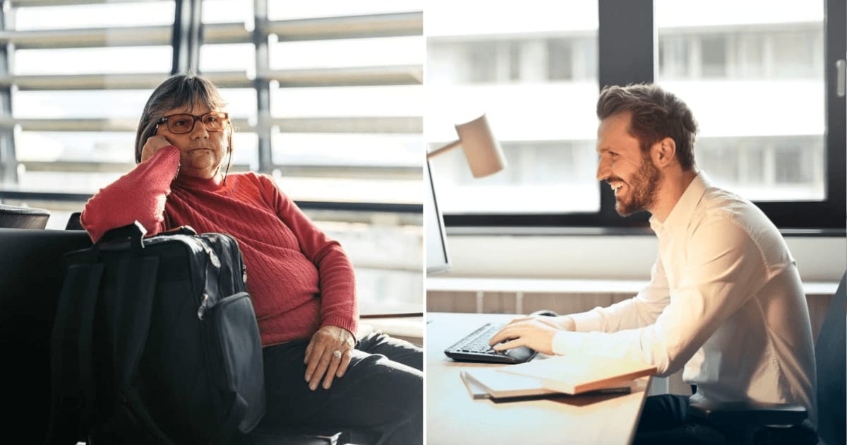 (L) An old woman looking tired. (R) A man sitting at an office desk smiling. (Representative Cover Image Source: (L) Getty | urbazon, (R) Pexels | Andrea Piacquadio)