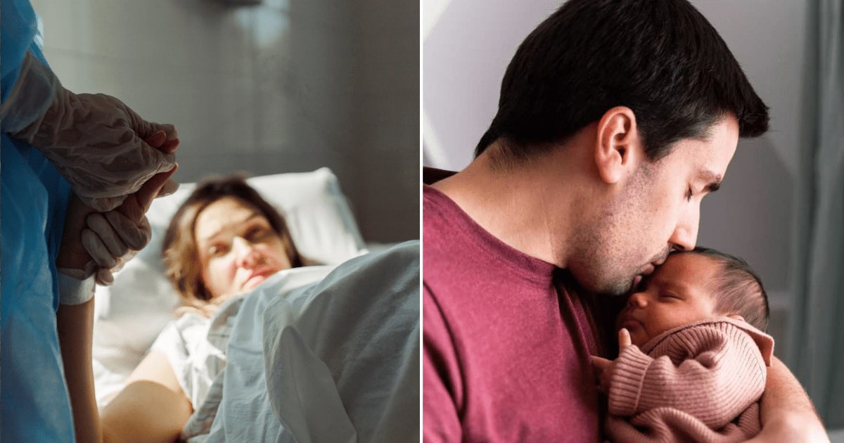 (L) Pregnant woman in labor holding hand of a nurse. (R) A young man holding a newborn girl child. (Representative Cover Image Source: Getty| (L) Luiaa Burmistrova, (R) juanma hache)