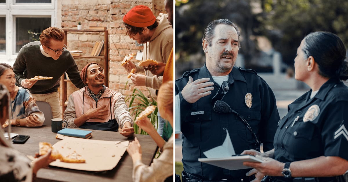 (L) Group of friends enjoying lunch together . (R) Male officer explaining case to fellow female officer. (Representative Cover Image Source: Pexels | (L) Diva Plavalaguna , (R) Kindel Media)