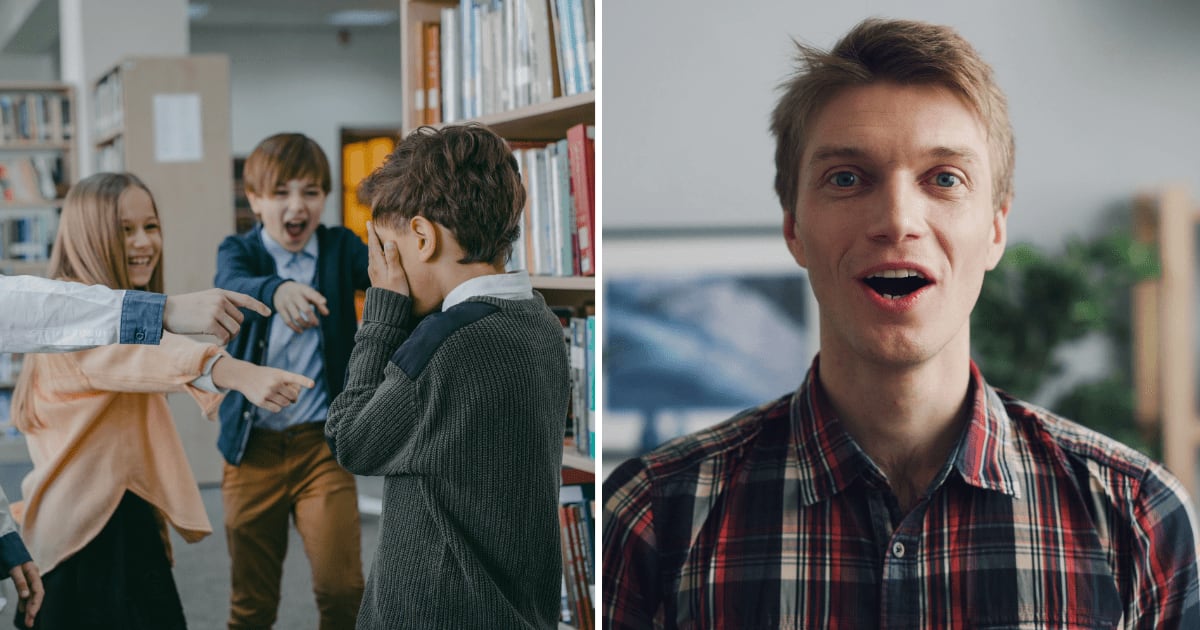 (L) Kids bullying a boy at school. (R) Shocked, happy man. (Representative Cover Image Source: Pexels | (L) Mikhail Nilov, (R) Vitaly Gariev)