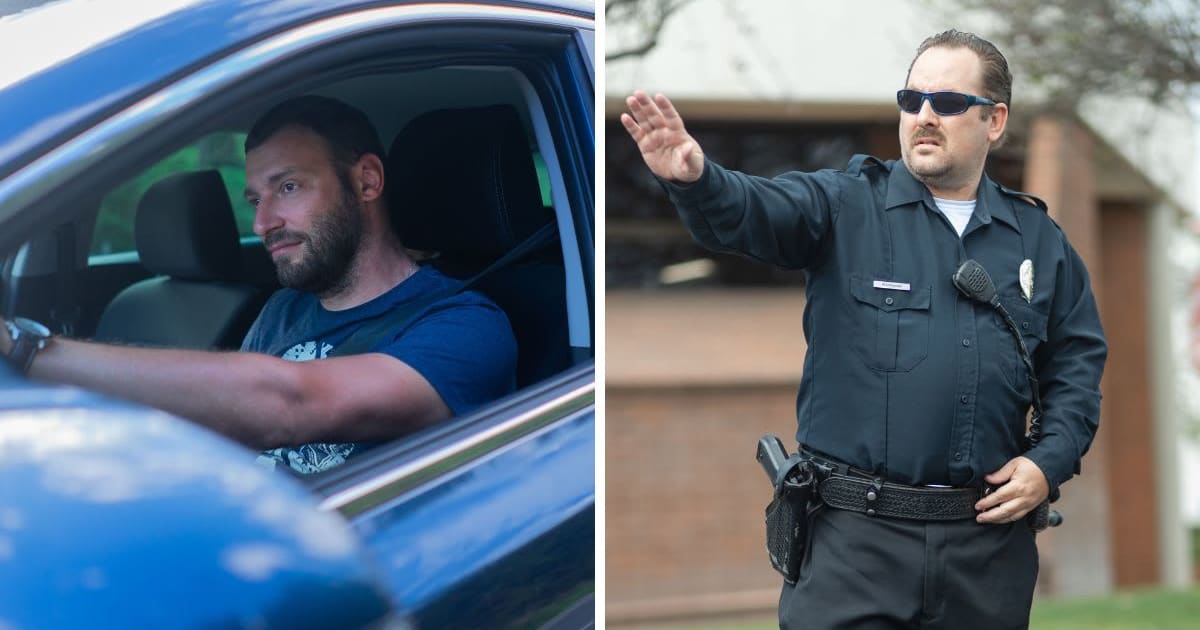 (L) Man driving a car (R) Police officer on the road (Representative Image Source: (L) Pexels, Atlantic Ambience | (R) Pexels, Kindel Media)