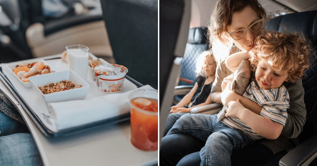 (L) A tray table filled with food on flight. (R) A mother calming down her little crying son. (Representative Cover Image Source: (L) Unsplash | Toni Osmundson, (R) Getty Images | Ryan JLane)