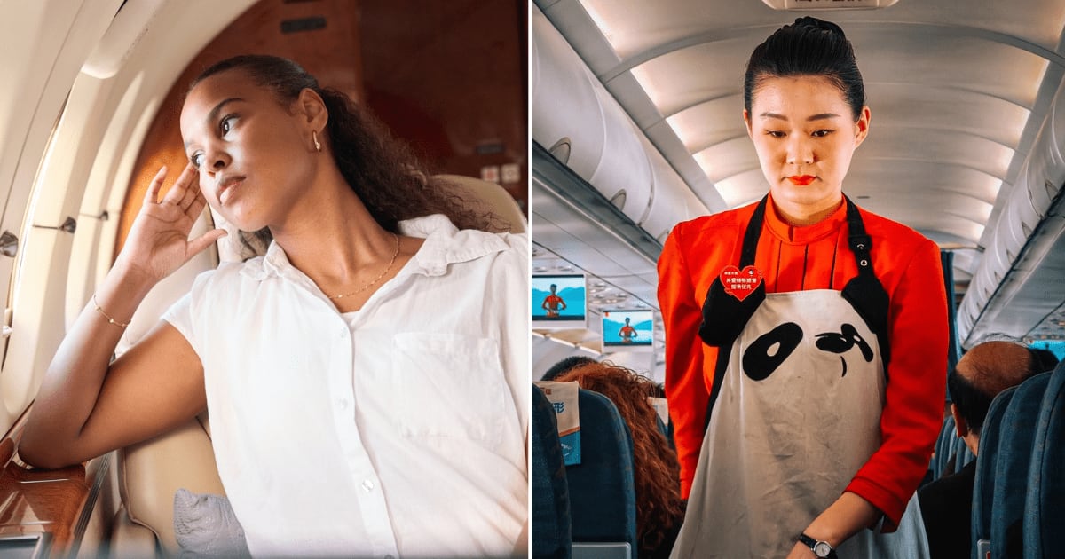 (L) Woman sitting in a flight (R) Flight attendant walking between the passengers (Representative Image Source: (L) Getty Images, | nattrass, (R) Pexels | Suat iNAN)