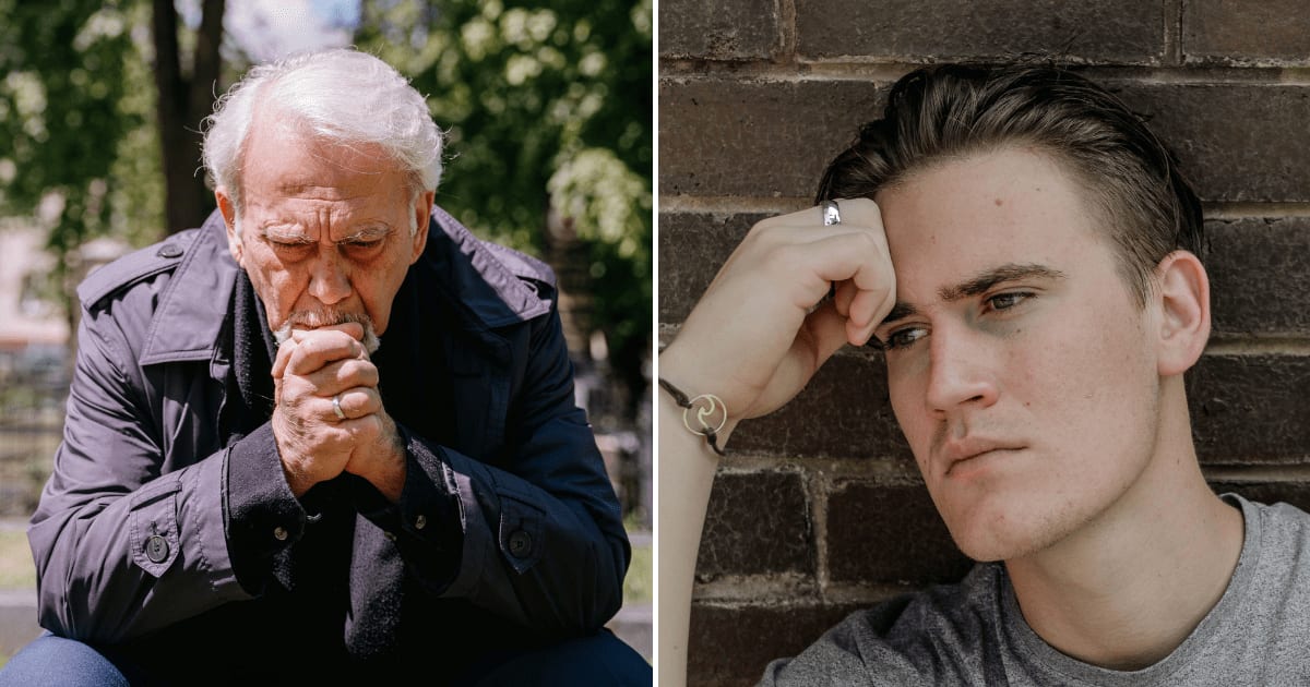 (L) A distressed old man sitting outdoors alone. (R) A young man looks emotional. (Representative Cover Image Source: Pexels | (L) Ivan S, (R) Mike Greer)