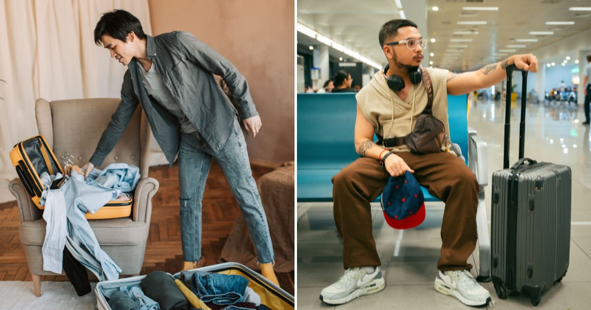 (L) A man packing stuff in his suitcase. (R) A young man waiting at the boarding gate with his suitcase. (Representative Cover Image Source: Pexels | (L) Vlada Karpovich, (R) Kenneth Surillo)