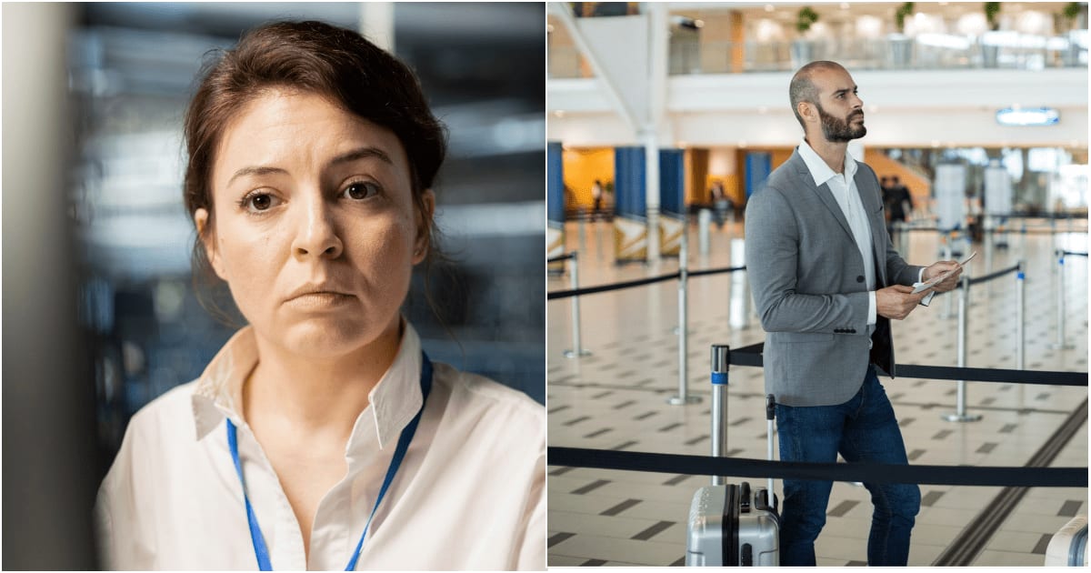 (L) A worker in uniform looks overwhelmed and upset. (R) A frustrated passenger waiting with luggage at an airport. (Representative Cover Image Source: Magnific: L - DC Studio, R - wavebreakmedia_micro)