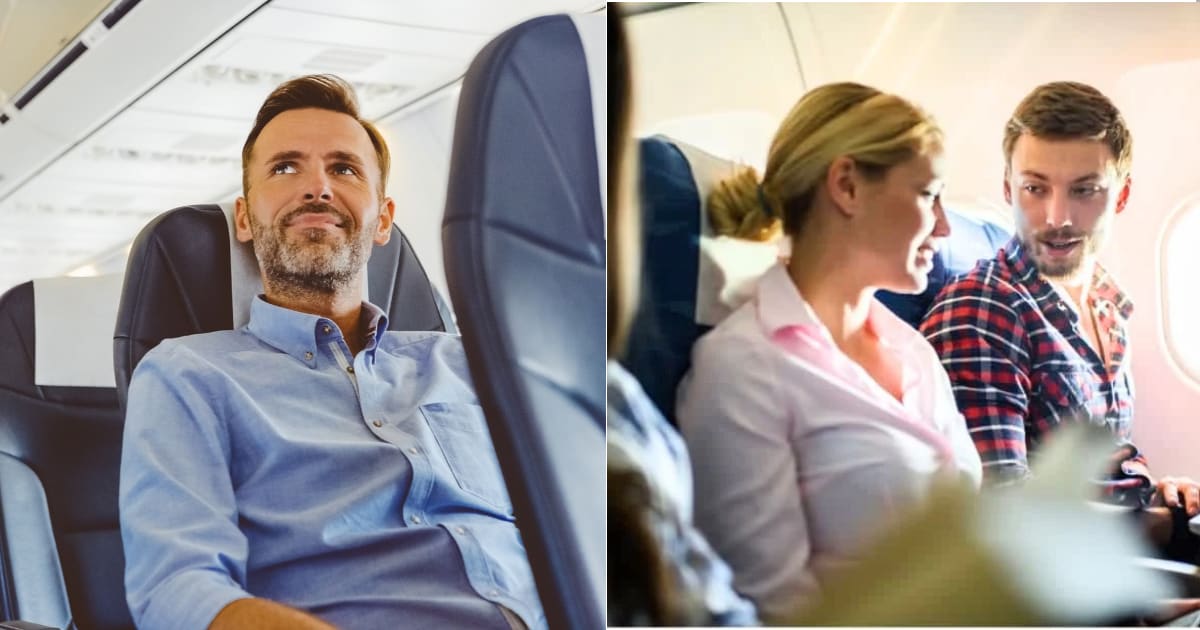(L) Man sitting in a plane. (R) A woman speaking with a man in a plane. (Representative Cover Image Source: Getty Images: L - izusek, R - Braun S)