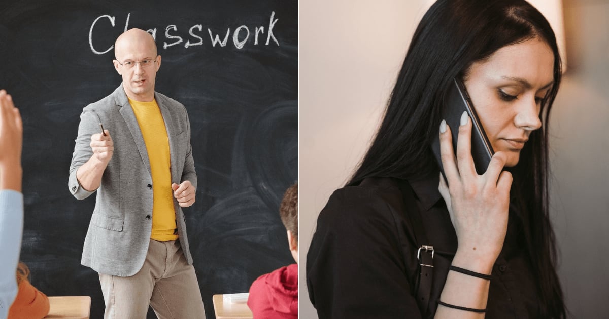 (L) A teacher speaking to a student in the classroom. (R) A worried woman speaking on the phone. (Representative Cover Image Source: Pexels| L - Max Fischer, R - Mart Production)