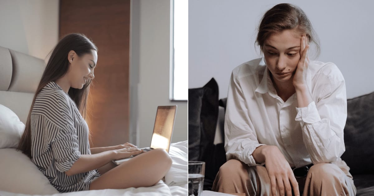 (L) An excited woman using her laptop at home. (R) A woman looks stressed and upset. (Representative Cover Image Source: Pexels| L - Andrea Piacquadio, R - Ron Lach)