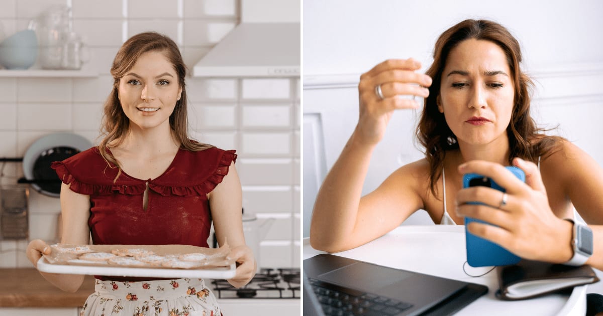 (L) A woman baking cookies. (R) A woman looking furious while scrolling her phone. (Representative Cover Image Source: Pexels | (L) Pavel Danilyuk, (R) Anna Tarazevich)