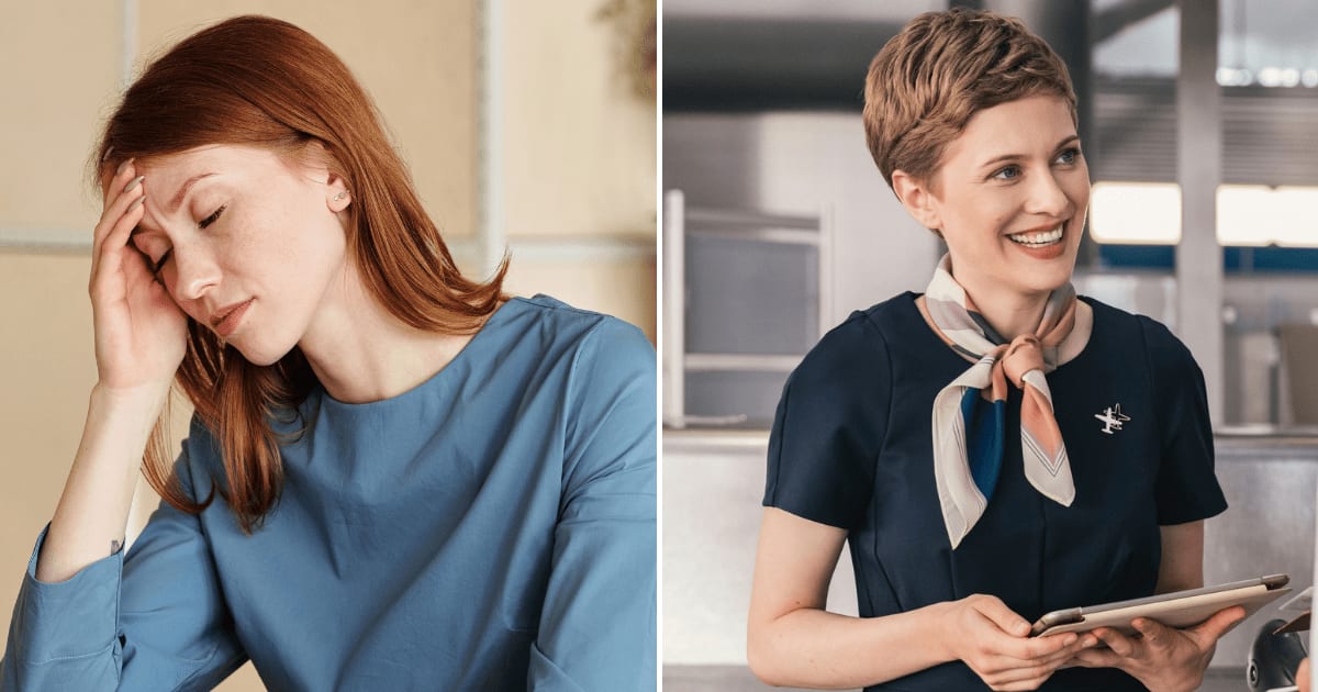 (L) A woman in stress resting her head on her hand. (R) A cabin crew assisting passengers on ground. (Representative Cover Image Source: (L) Pexels | Mikael Blomkvist, (R) Getty Images | westend61)