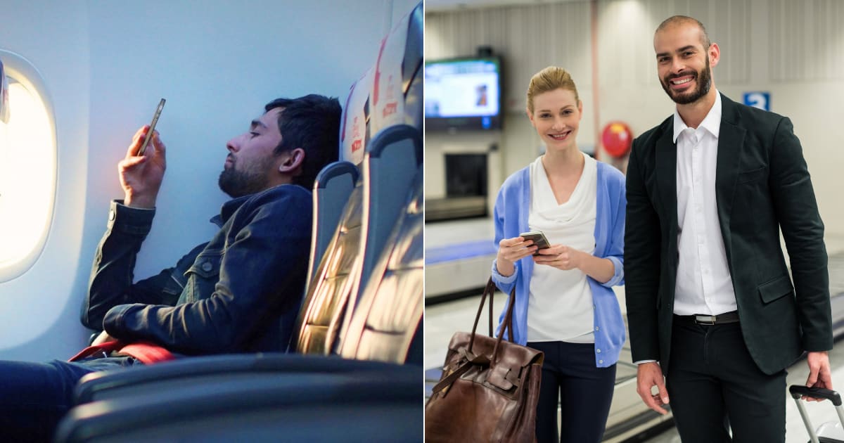 (L) A man using his phone on a plane. (R) A couple speaking to someone at an airport. (Representative Cover Image Source: L - Unsplash| Javier Canada, R - Magnific| wavebreakmedia_micro)