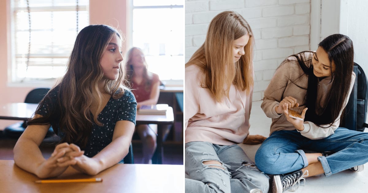 (L) A school girl looking nervous. (R) Two schoolgirls chit-chat during break. (Representative Cover Image Source: Pexels | (L) RDNE Stock project, (R) Kaboompics)